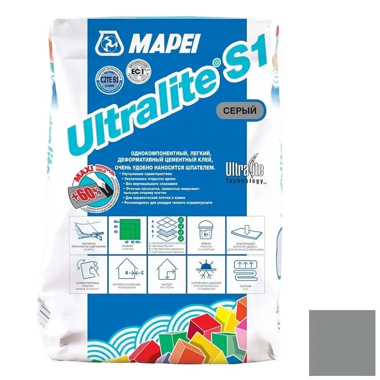 Коллекция Клей для плитки Mapei UltraLite S1 C2TE серый Mapei - СУХИЕ СМЕСИ